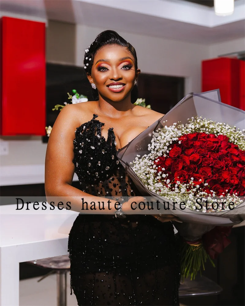 Aso Ebi Black Lace Crystals Side Slit Evening Dresses 2025 Black Girls Beaded Party Wedding Dress Mermaid Formal Gowm Customized