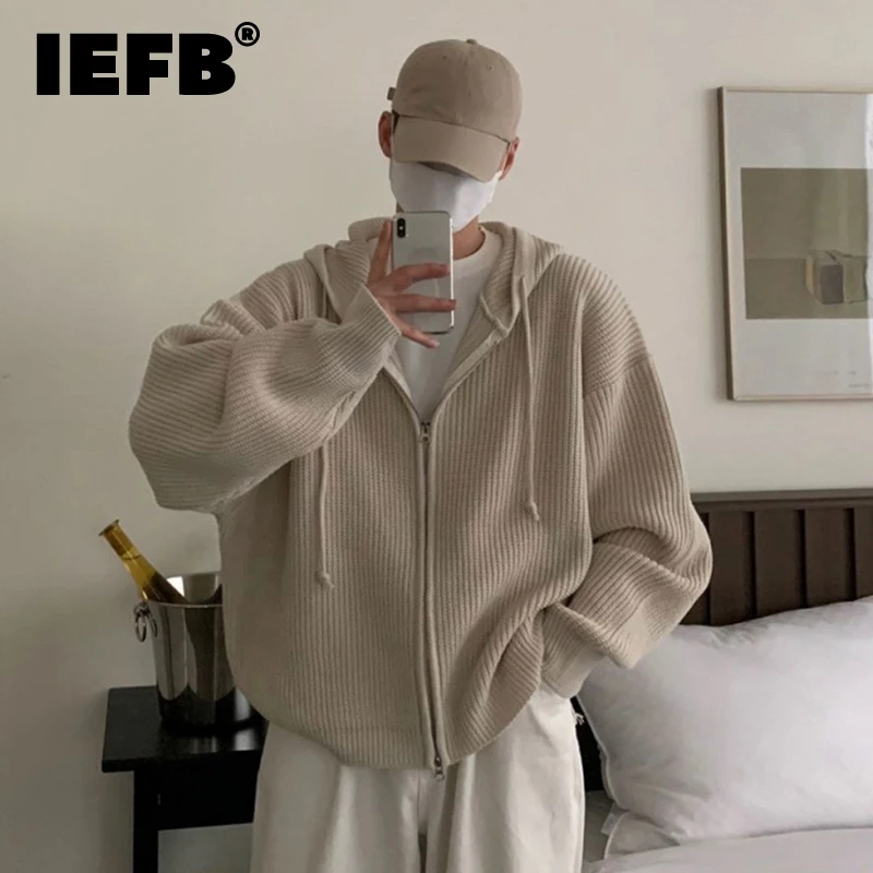 IEFB New Fashion Men\'s Sweaters Casual Hooded Drawstring Solid Color Zipper Design Loose Male Cardigan Autumn Stylish 9C8006