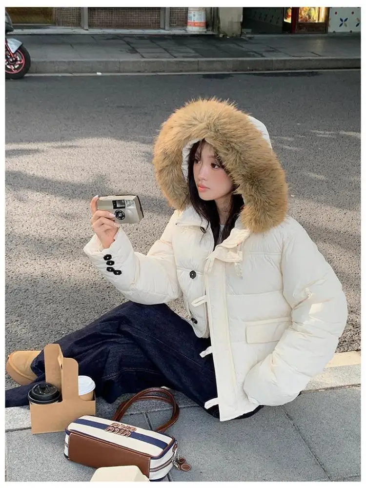 Piumino invernale con cappuccio da vacanza a maniche lunghe nero beige da donna kaki elegante giacca corta calda allentata monopetto semplicità