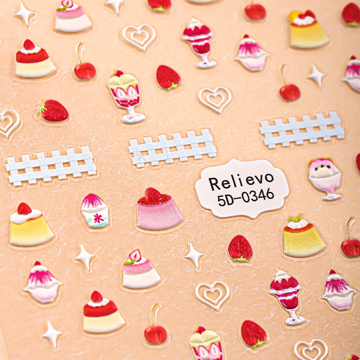 2 Stück 5D Obst Dessert Nail Art Aufkleber Apfel Erdbeere Kirsche Kuchen Eis selbstklebende Nagelaufkleber für Nägel DIY Maniküre