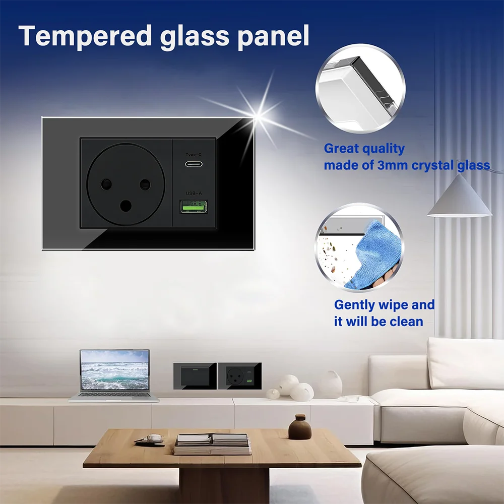 EIOMR Israel USB tipo C enchufe de pared de carga rápida, 118*75mm vidrio templado negro Sat TV Tel timbre interruptor de luz de pared mecánico