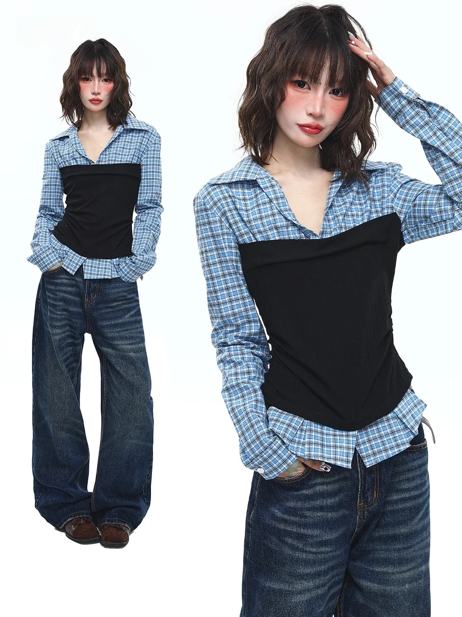 

Женская винтажная футболка Sanowers в клетку с длинным рукавом, весенне-осенняя, с эффектом утяжки на талии, приталенная, с цветными вставками