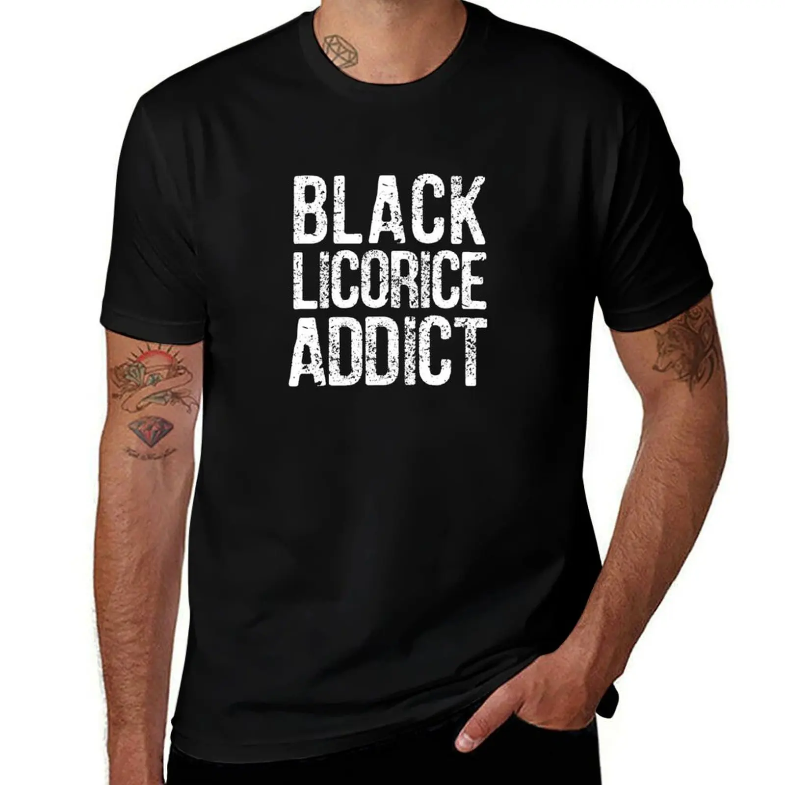 BLACK LICORICE ADDICT in white distressed lettering T-Shirt Work Outdoor Short Sleeve Tee T-Shirt