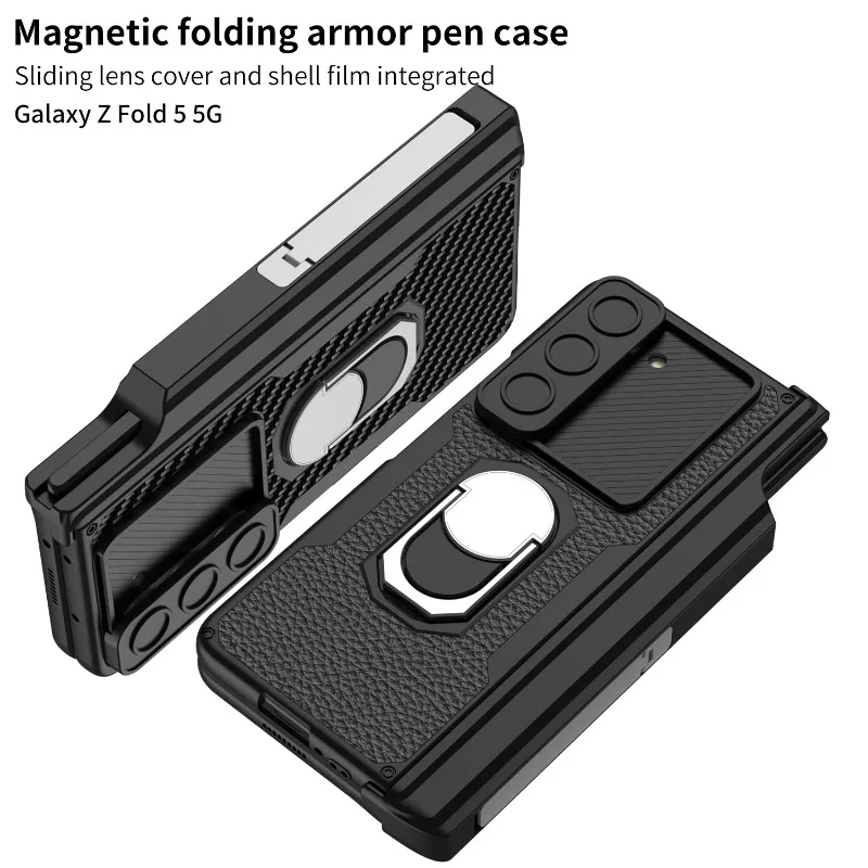 

Ring Folding Pen Box Holder Camera Protector Push Phone Case for Samsung Galaxy Z Fold 5 Fold5 5G Armor Shockproof Cover（No Pen）