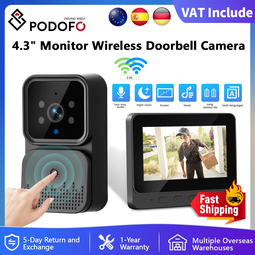 Podofo sonnette vidéo sans fil avec écran 4.3 ''IPS HD interphone intelligent 2.4G pas de WIFI sonnette visible conversation bidirectionnelle Vision nocturne