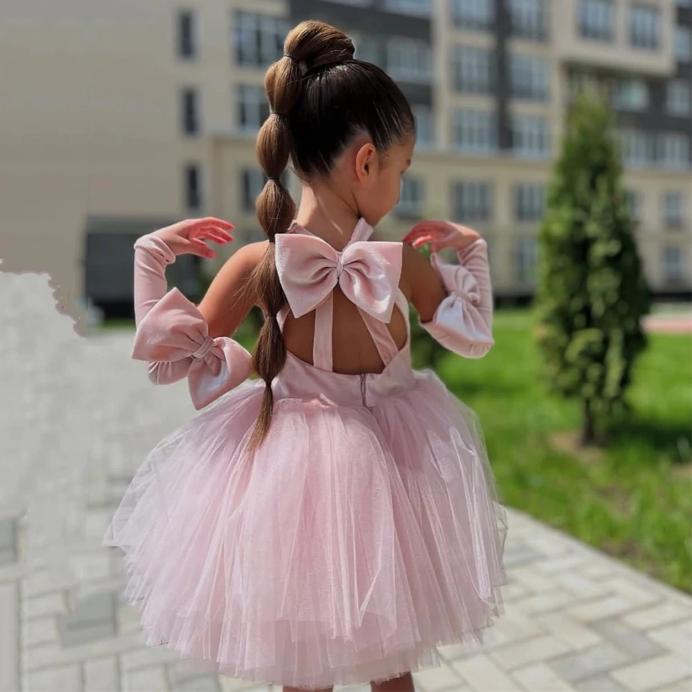 Smileven-Vestidos de fiesta sin tirantes con cuello alto y flores para niñas, minifalda con guantes, Vestidos para niñas personalizados