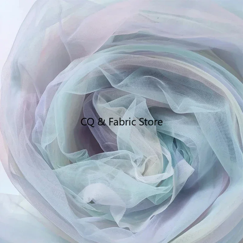 Soft Rainbow Gradient Encrypted Swiss Mesh Colorful Mesh Fabric For Wedding Dress Skirt Designer Handmade DIY Fabric