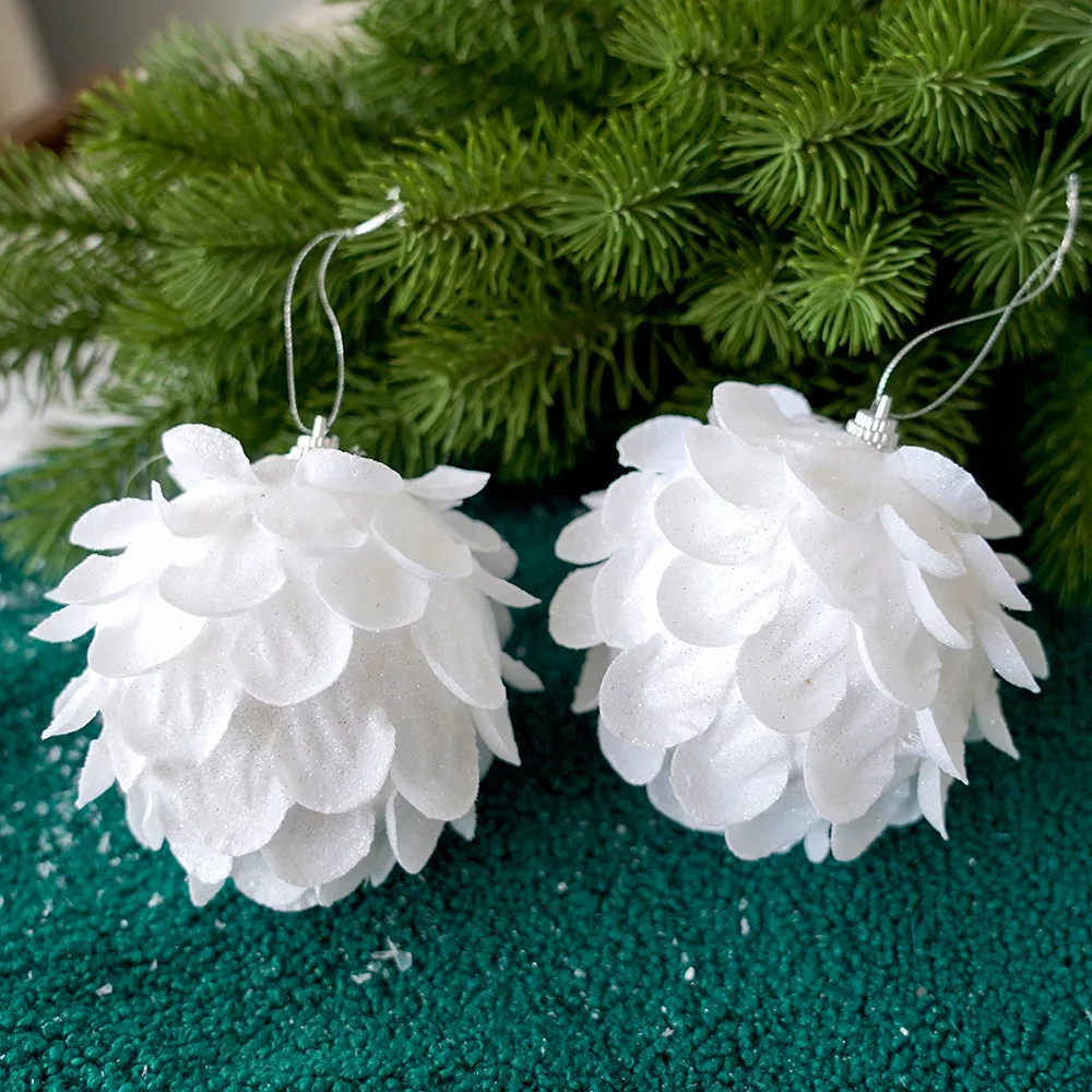 Christmas Ornament Ball Set, 2/3 Pieces Glitter White Foam Pinecone Decorations, Hanging Holiday Ornaments for Christmas