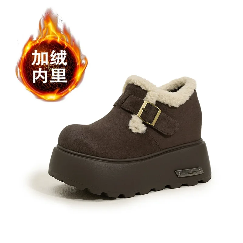 

Women's Ankle Snow Boots 2025 Winter Plush Warm Suede Leather Shoes 10CM High Heels Casual Slip-on Non-Slip Birken Cotton Shoes