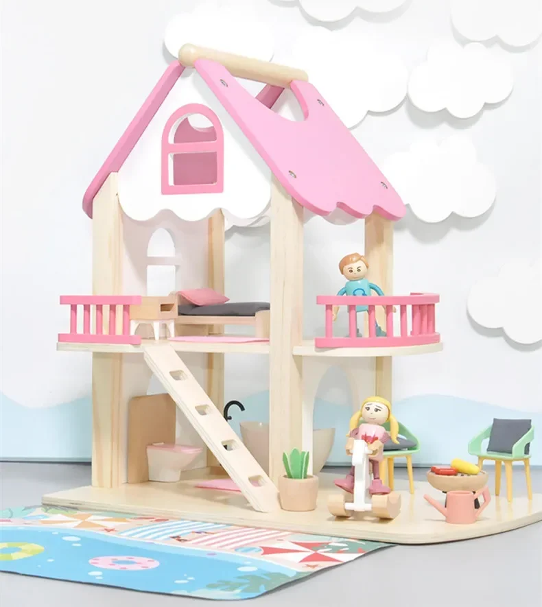 

36cm High Quality Wooden pink villa European princess doll room house Play house Puzzle Interactive Toys baby birthday gift