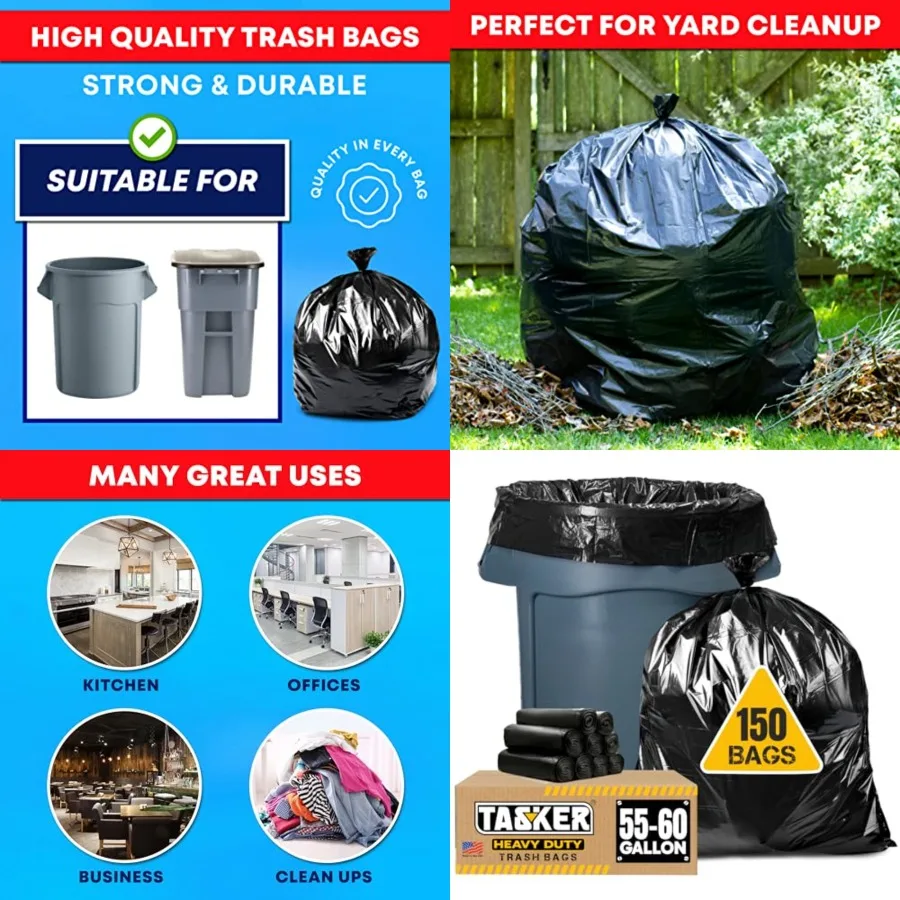 

55-60 Gallon Trash Bags Heavy Duty Mega ValuePack 150 Bags Large Black Garbage Bags for Office, Commercial, Outdoor, Lawn, and