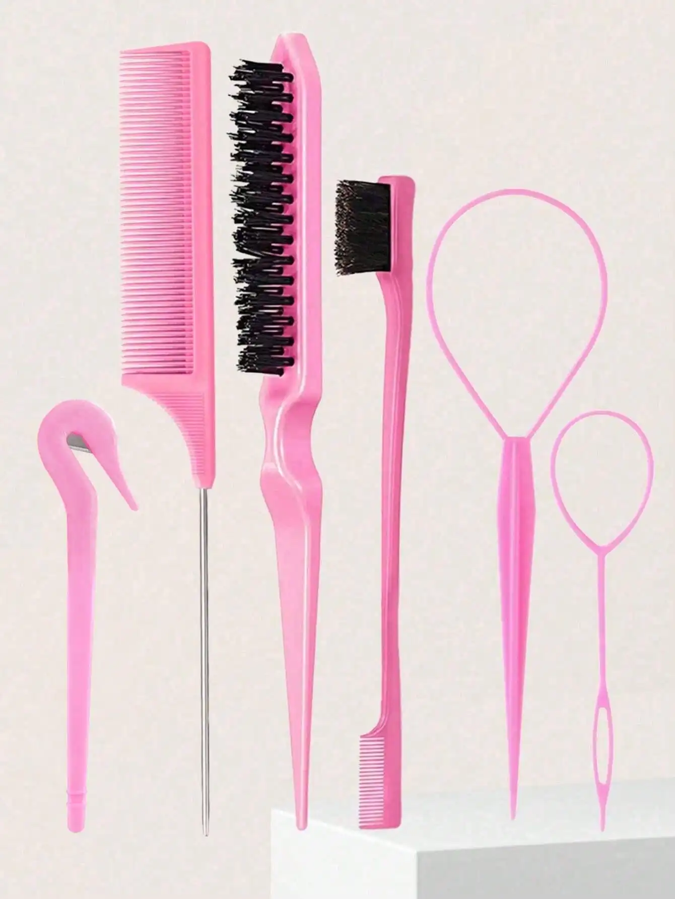 

6pcs Pink Hair Styling Tool Set - Rat Tail Comb, Teasing Brush, 2pcs French Braid Tools, For Braiding And DIY Hairstyles, Hair Salon, Beauty Travel Essentials, Back To School, Vacation Necessities, Women Hair Accessories,Travel Essentials,Travel Essential