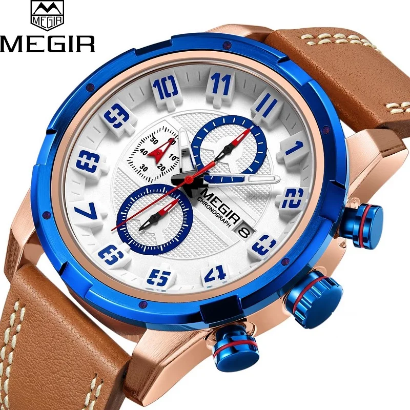 MEGIR Top Brand Creative Chronograph Sport Leather Quartz Male WristWatch Time Hour Calendar Army Military Waterproof Relogios