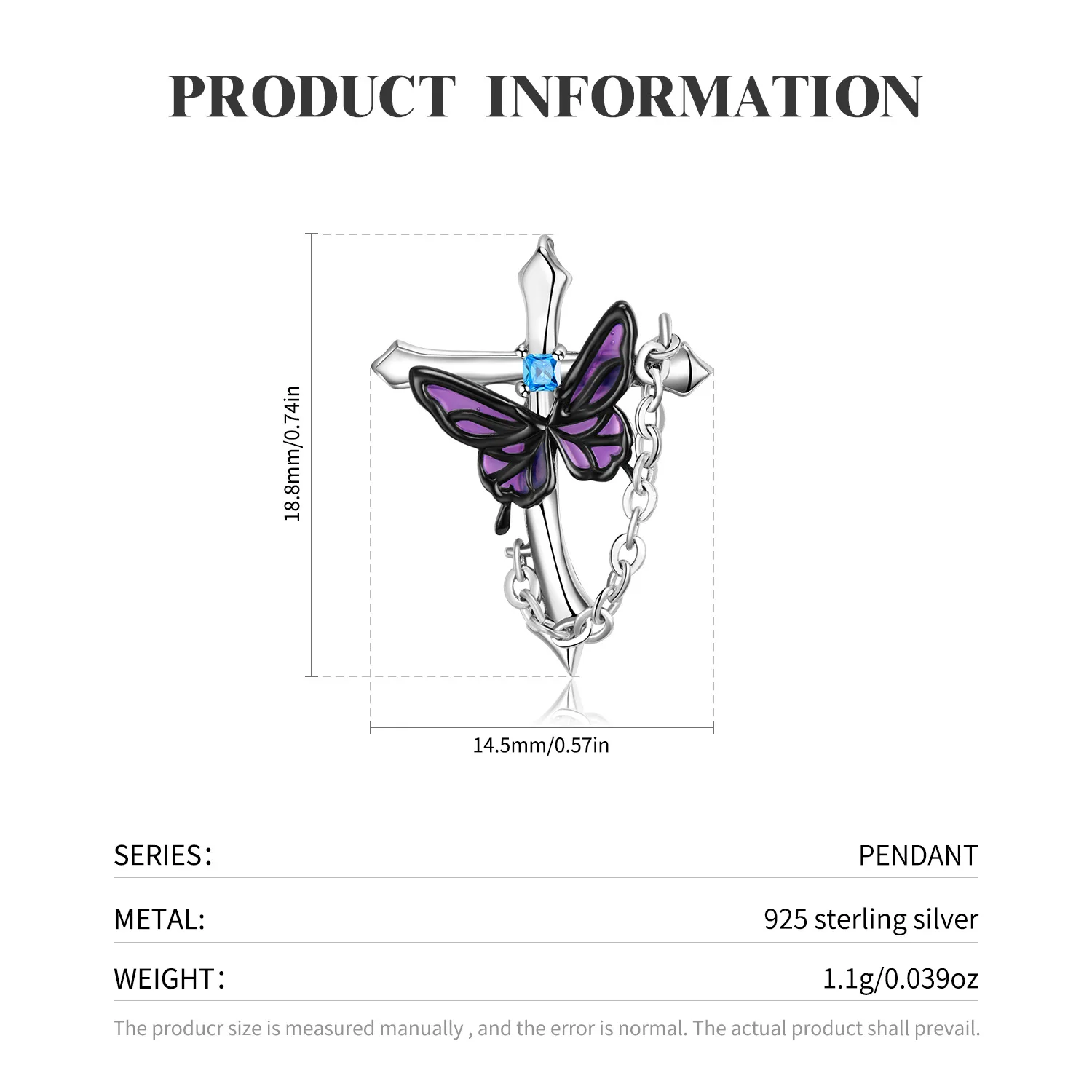S925 Sterling Silver Cross Purple Butterfly Pendant Necklace Inlaid Blue Cubic Zirconia Lucky Blessing Jewelry For Women Party view 3