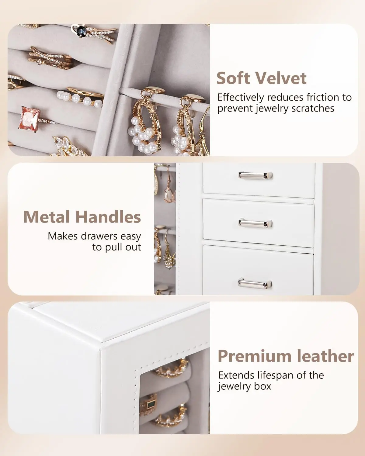 صندوق مجوهرات كبير/منظم/حافظة مع نافذة زجاجية، أدراج للقلائد والأقراط والخواتم والأساور والساعات هدية #5