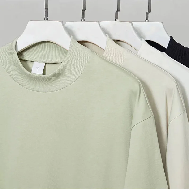 

Heavyweight Cotton Oversized T-Shirt Men's Small Collar Loose Fit Streetwear Hip Hop Style High Neck Trendy Casual Outfit Tees