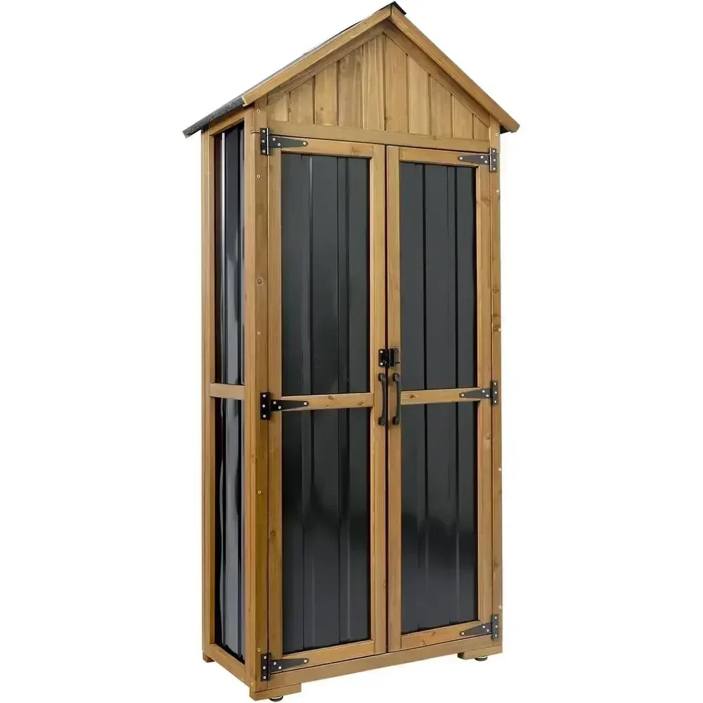 Outdoor Storage Cabinet with Waterproof Roof, Garden Tool Shed, 6 T-Hinges, 4 Reinforced Feet, 6 Adjustable Feet, 3 Removable Sh