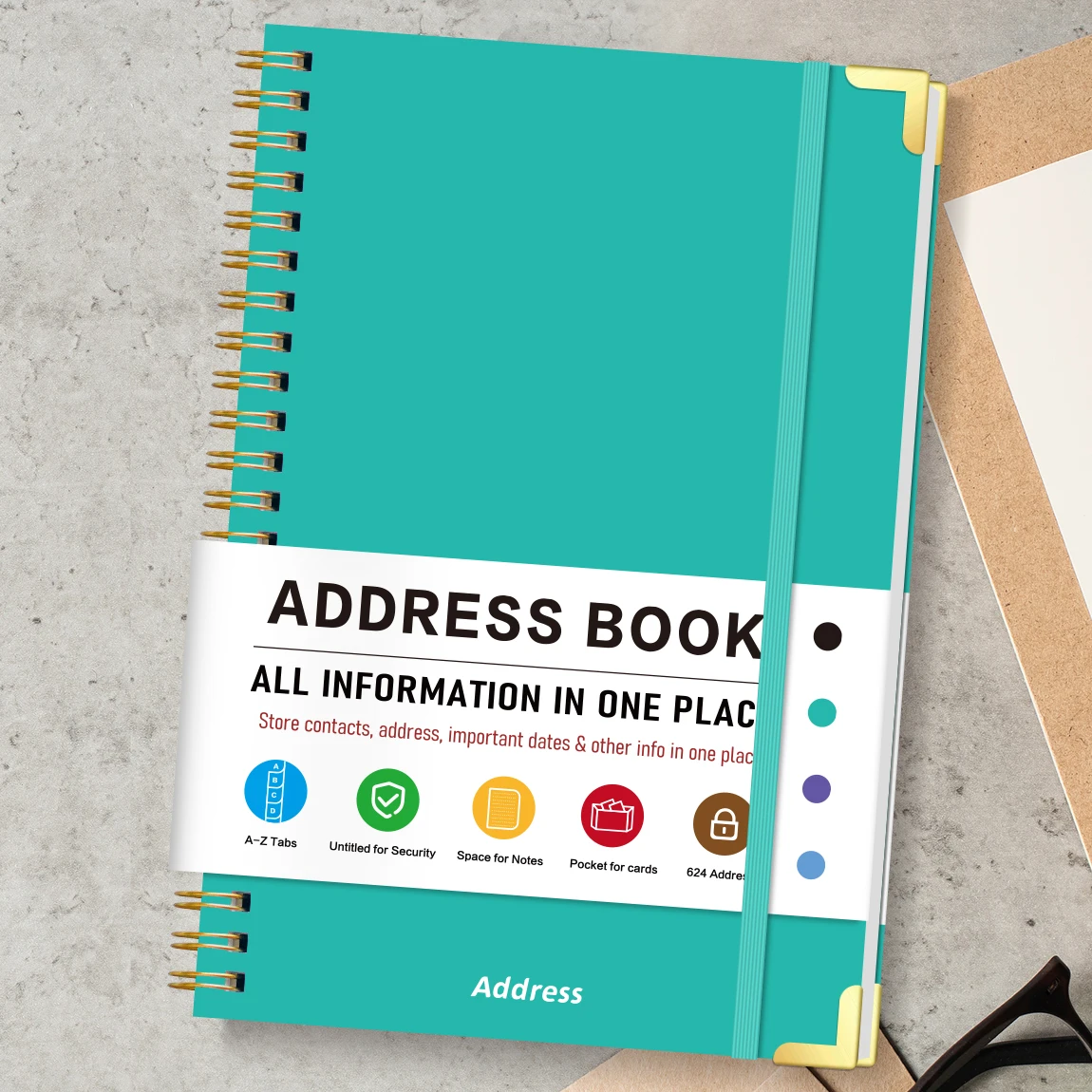 Teal A5 Address Book with Alphabet Tabs, Spiral Contact Log, Hardcover Organizer, Elastic Strap & Pocket