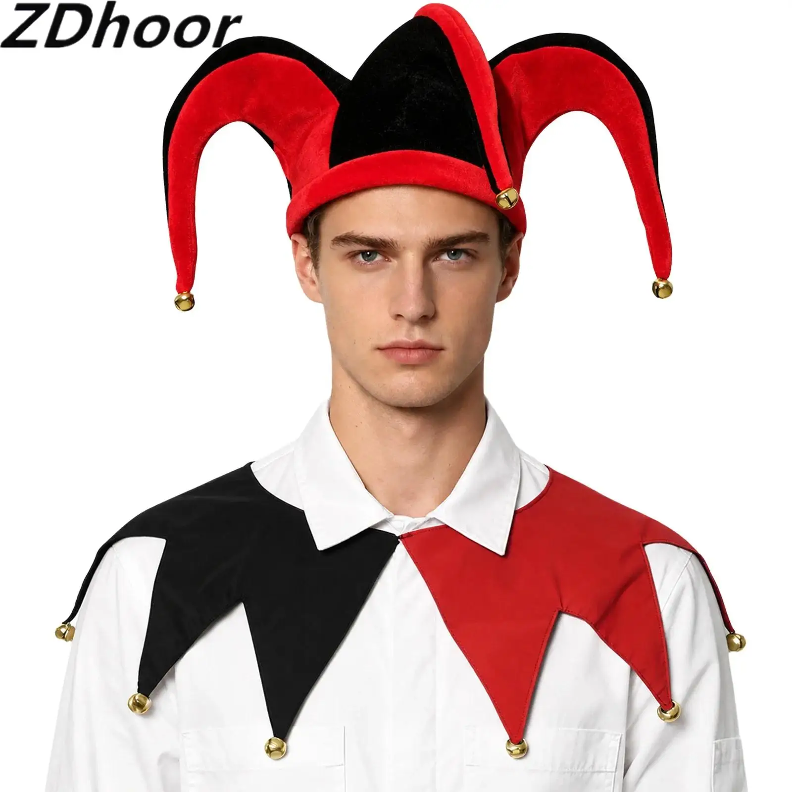 Adults Clown Contrast Color Accessories Set Funny Jester Hat Cap with Bells Zig-zag Detachable Collar for Halloween Performance