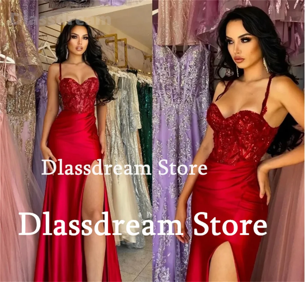 Robe de soirée formelle arabe rouge sexy pour femmes, col en cœur, appliques en dentelle, sirène, satin, robe de Rh, longueur au sol, robe de soirée, nouveau