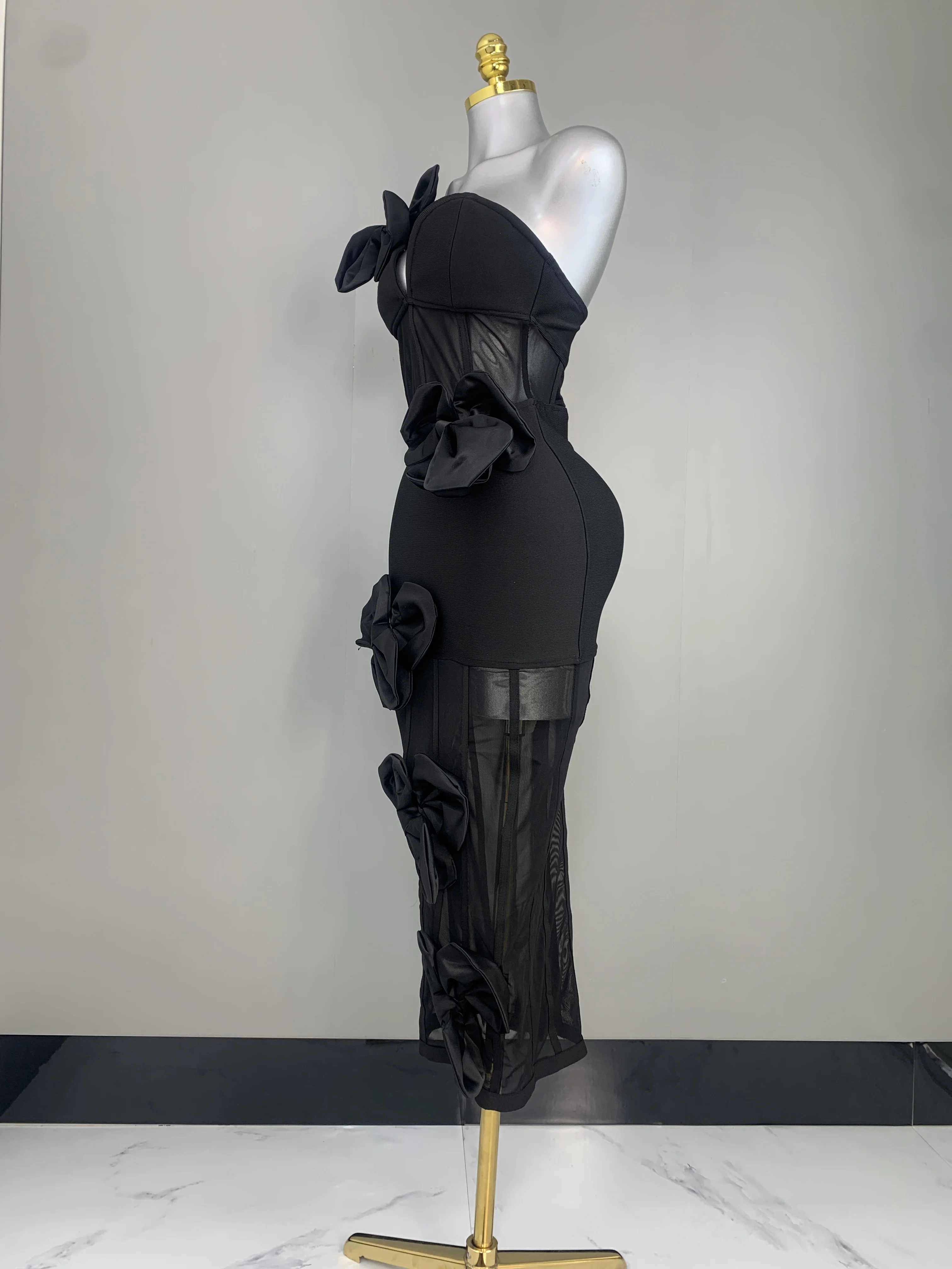Women Elegant Black One-Shoulder Deep V 3D Satin Bow Mesh Panel Slim-Fit Mid Dress with Gloves Luxury Evening Club Dresses