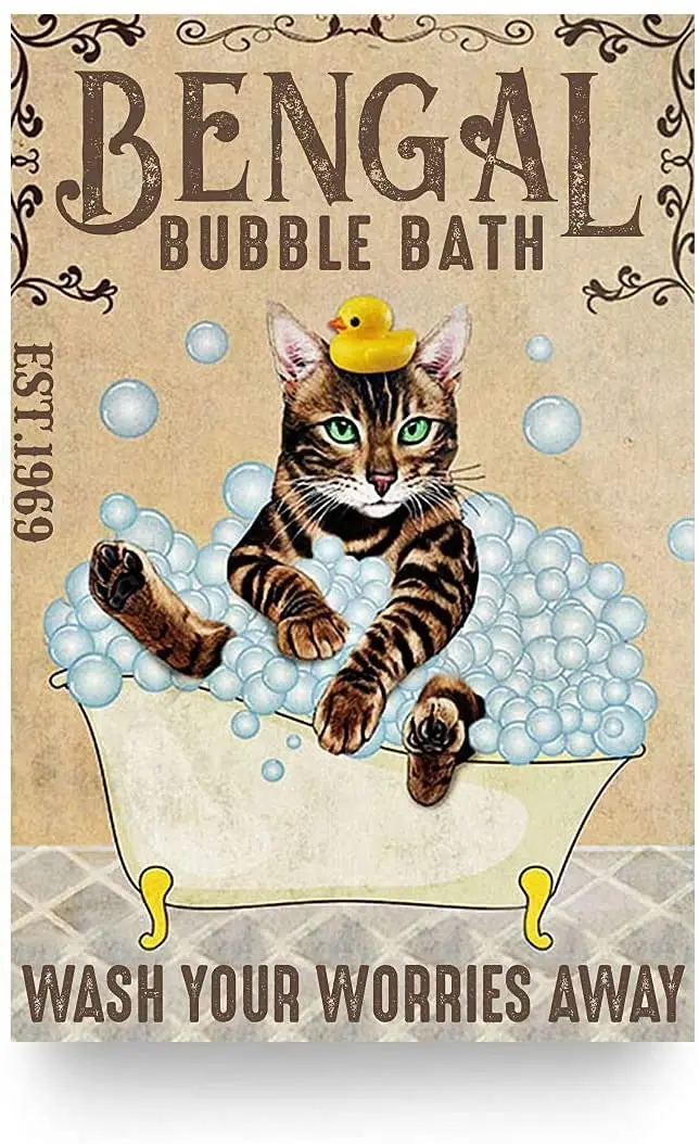 Tin Sign For Bathtub Cat Retro Metal Sign, Bengal Cat Bubble Bath Soap Foam Poster Vintage Toilet Cave Bar Home Bathroom Wall De