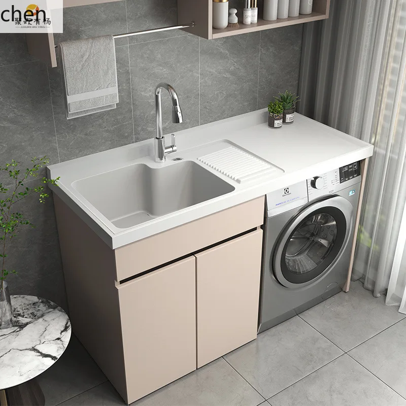 YFY Washing Machine Cabinet Companion Combination Laundry Sink with Washboard, Cuttable Corner Integrated Storage Cabinet