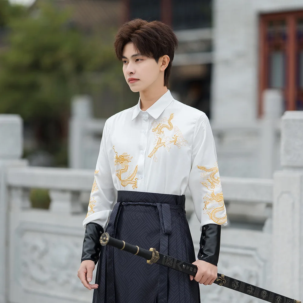 Ming Dynasty Hanfu Horse Face Skirt Men Pleats Skirt Black White Shirt+Skirt Sets Chinese Traditional Hanfu Skirt Plus Size