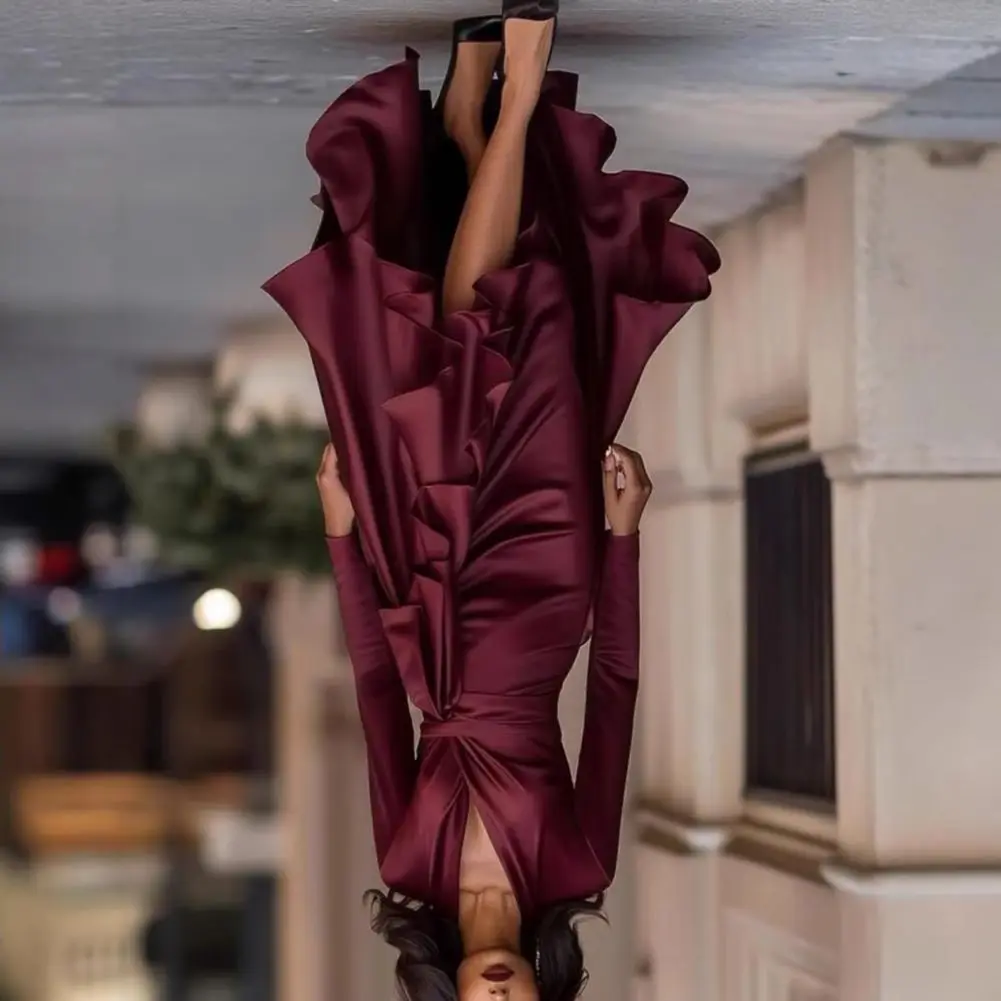 

2026 Evening Dress Women's Long Sleeve V Neck High Waist Slim Fit Ruffle Solid Color Elegant Fashion Party Spring Autumn Dress