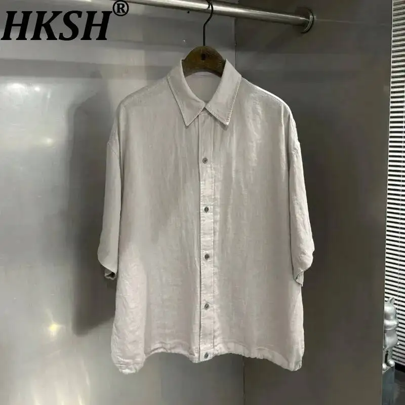 HKSH Summer New Men's Tide Punk Casual Loose-Fit Wide-Cut Hemp-Linen Short-Sleeve Shirt Japanese Vintage Ins Chic Shirts HK25664