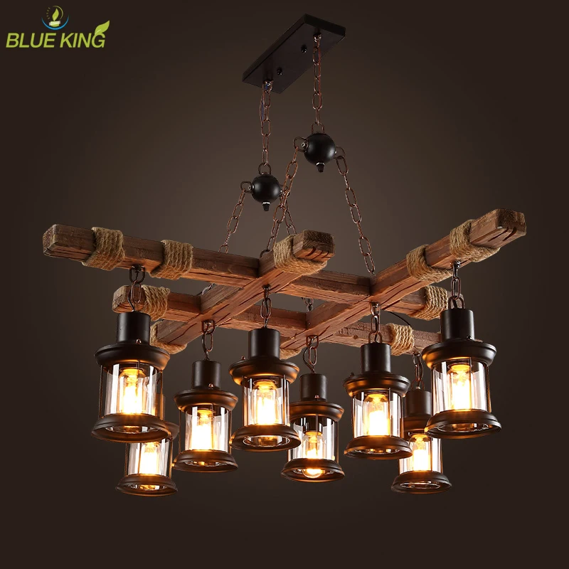 

Подвесной светильник в ретро-стиле на 8 ламп, винтажная индустриальная люстра-лофт из стекла и железа, светодиодная подвесная лампа, деревянный подвесной светильник