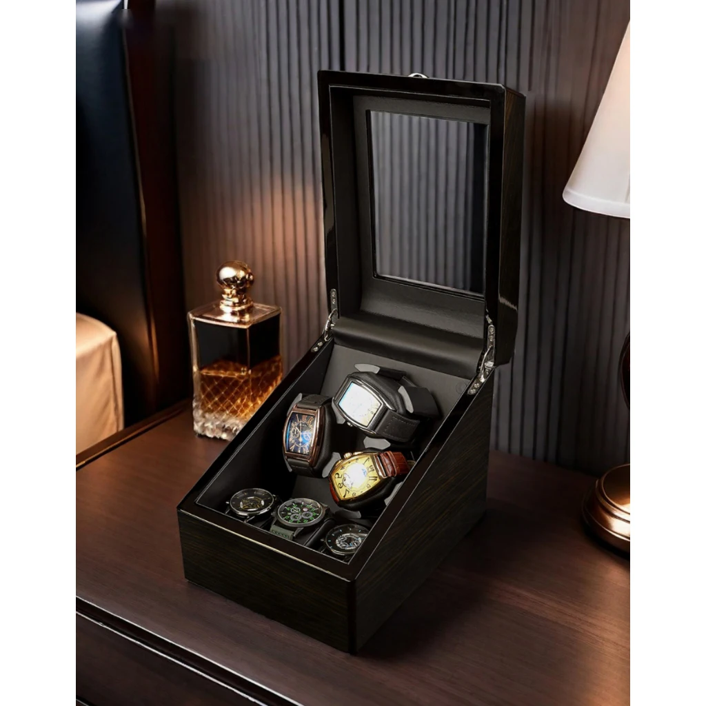 Virtorix Automatic watch winder wooden texture style 3+3 slot cover opening emergency stop function automatic watch box
