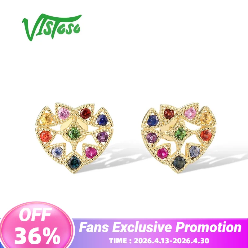 

VISTOSO настоящие серьги-гвоздики из желтого золота 14 карат 585, для женщин, сверкающие красочные драгоценные камни, милое сердце, свадебные подарки, ювелирные украшения