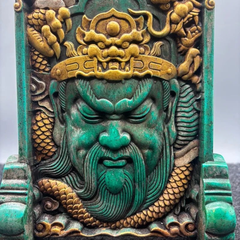 Chinese Kwan‑Wu Guan Yu Table Screen Statue Imitation Turquoise Finish Dragon Relief Carved Desktop Decor Collectible Ornament
