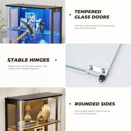 Rounded Display Cabinet with Glass Door, 3-Tier Curio Cabinet with 3 Color Lights for Collectibles, Glass Display Case view 3