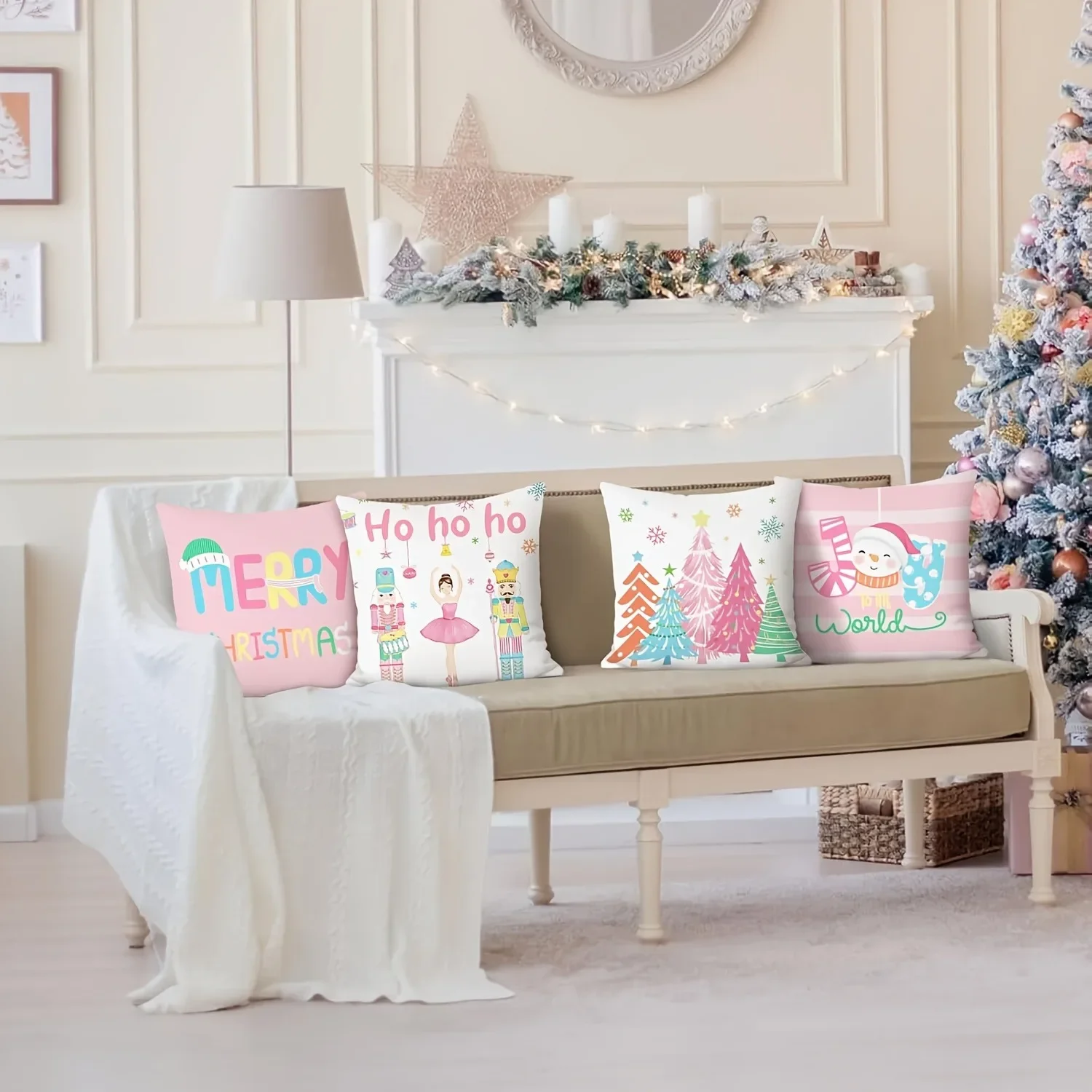 مهرجان Fundas de almohada navideñas: Feliz، Cascanueces، azboles y mucionesos de nieve، funda de cojín para sofá y habitación