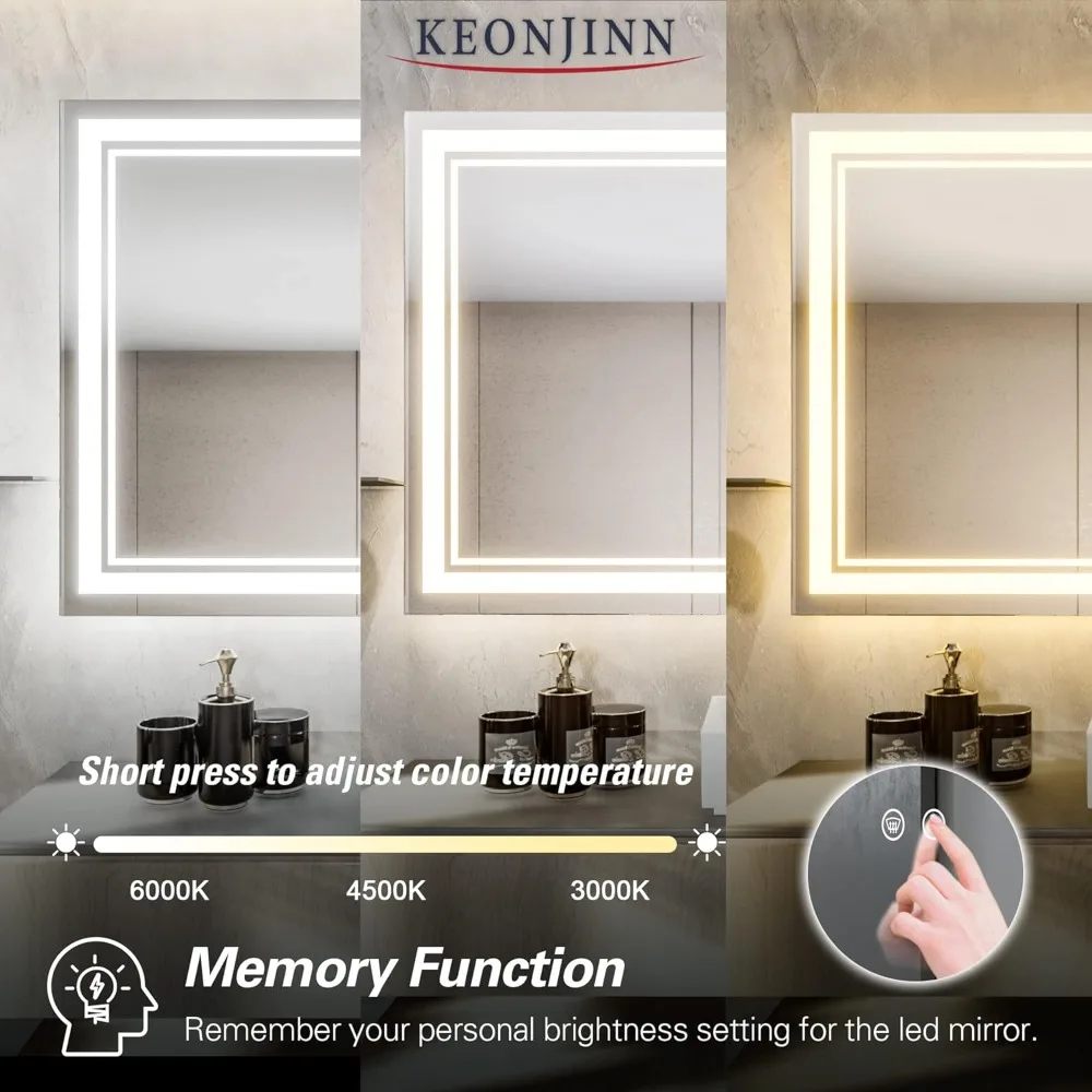 40 x 24 in LED Bathroom Mirror with Lights, Adjustable 3 Color Lights, LED Vanity Mirror, Wall Mounted Anti-Fog Dimmable Mirror