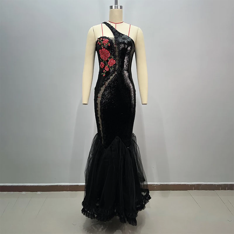 Nachtclub Party Festival Kleider Schwarz Pailletten Feiern Abendkleid Frauen Laufsteg Outfit Bühne Jazz Dance Kostüm XS10264