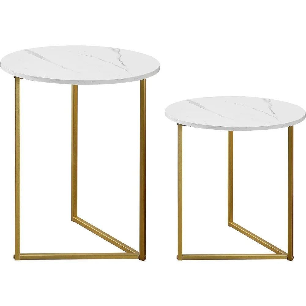 Nested End Tables Set of 2 with Unique Gold Marble Inlay and Sintered Stone Tabletops for Living Room Decor