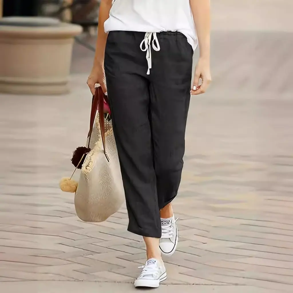 محطة مستقلة توم حجم كبير مع جيب المرأة القطن الكتان اقتصاص سراويل تقليدية المرأة عادية فضفاض الدانتيل متابعة السراويل