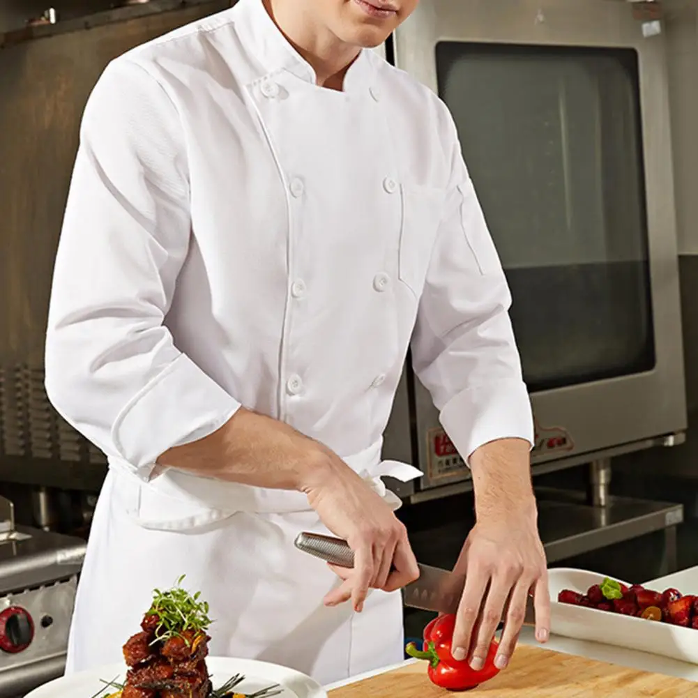 Chef Uniform Stand Collar Button Design Roll-Up Cuffs Chest Pocket Solid Color Chef Shirt Professional Kitchen Workwear Jacket