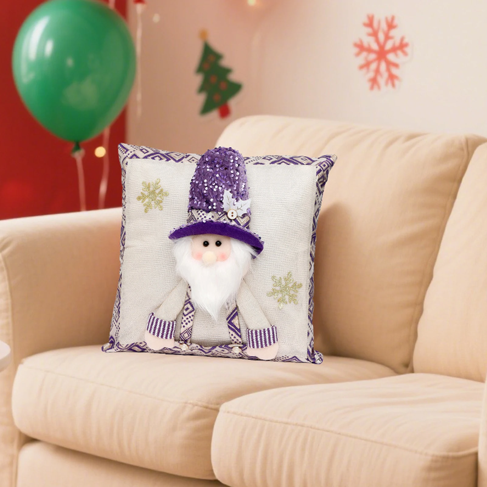 Santa Claus Sequins Throw Pillow Cover Christmas Pillow Case Home Decoration for Sofa Bed Purple Cushion Gift 43x43cm