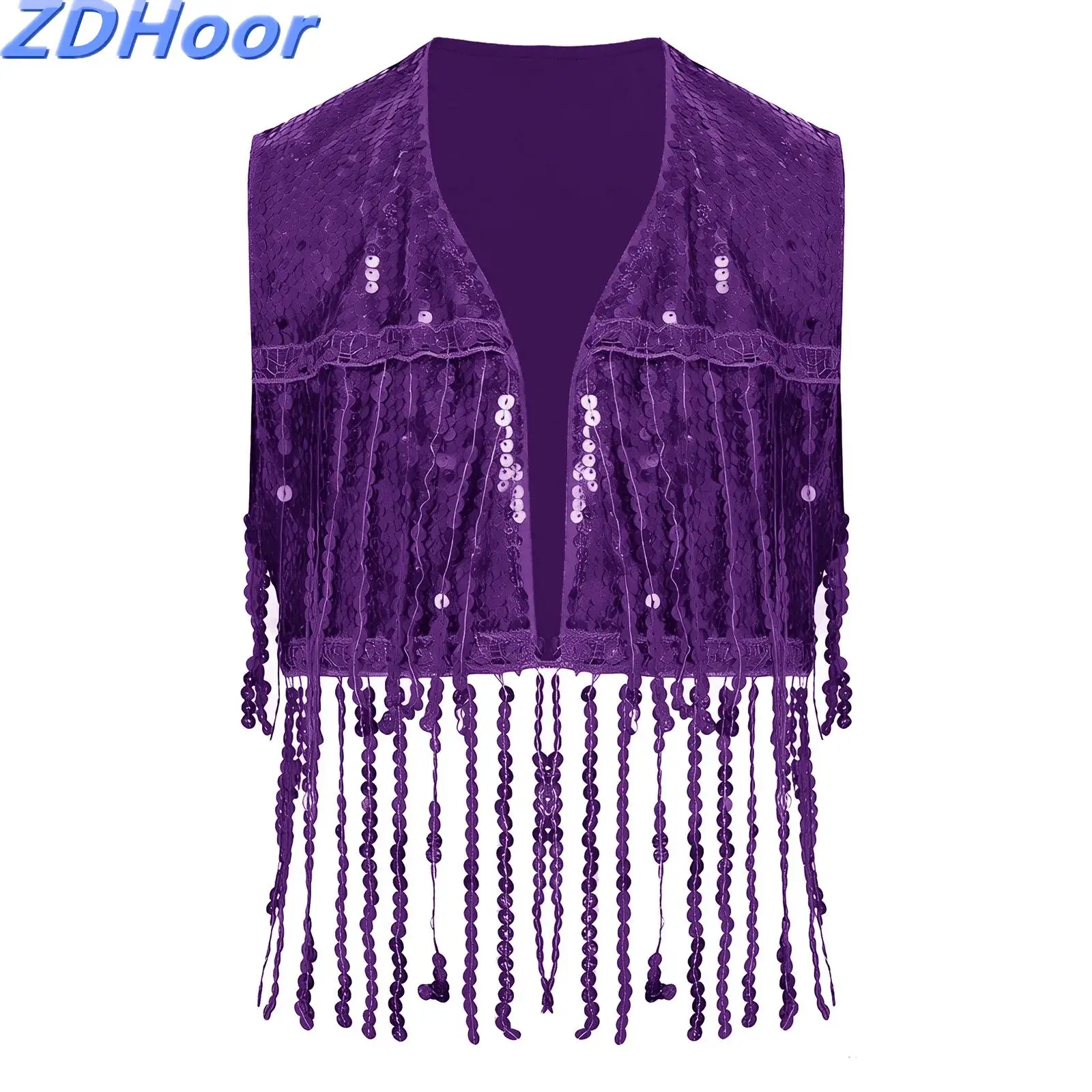 

Детский джазовый жилет с блестками для девочек, укороченный топ без рукавов с открытой передней бахромой и кисточками для выступлений, соревнований