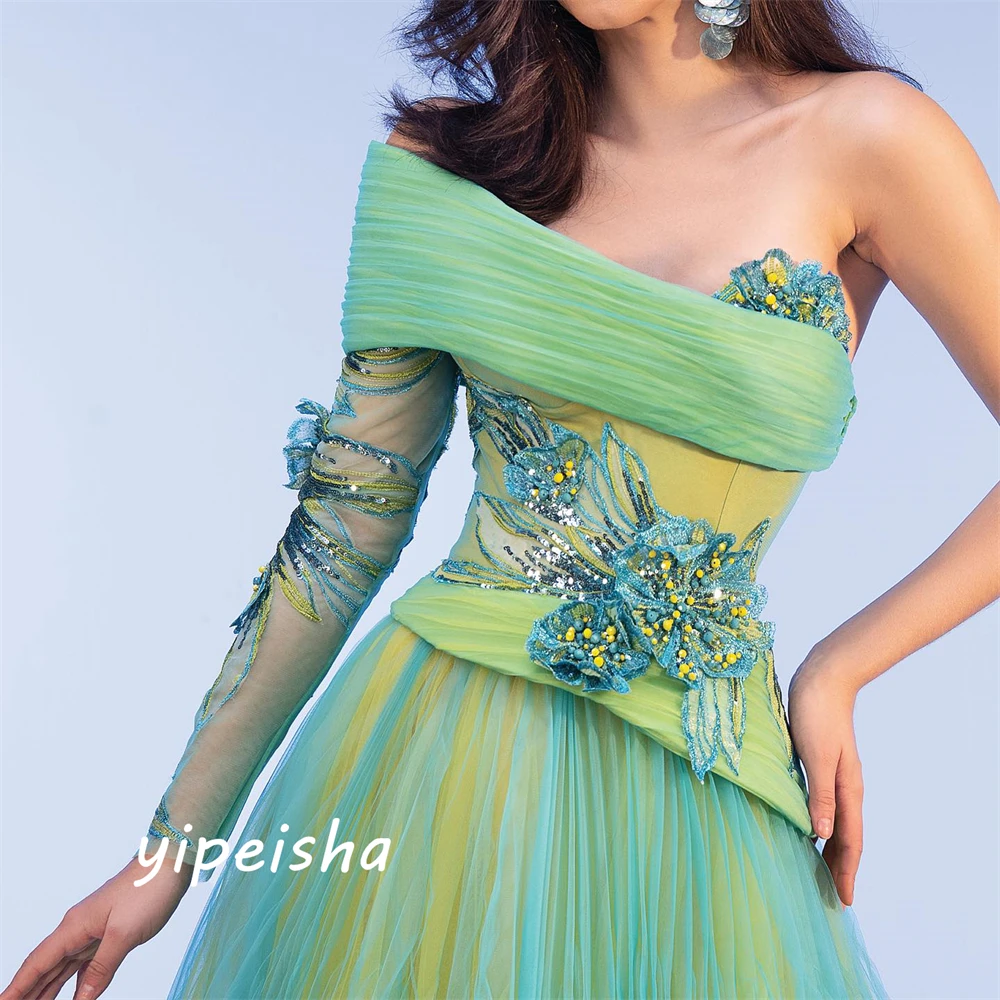 Yipeisha Matching Women One-shoulder Ball Gown Celebrity  Applique Draped Floor Length Organza Evening Vestido