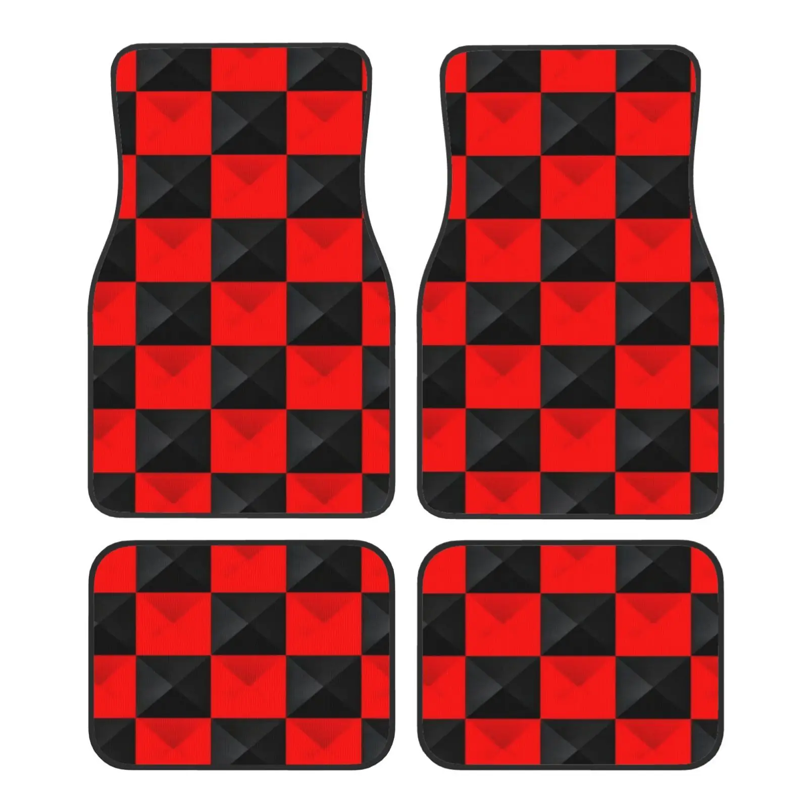 4pcs Set Black And Red Plaid Pattern Printed Universal Car Floor Mats High-density Wear-resistant Easy To Clean All-season Unive