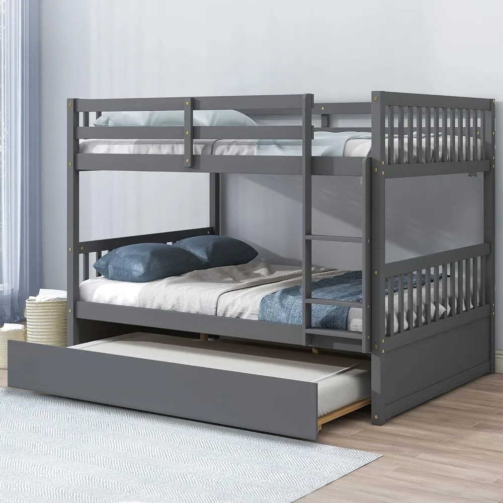 

Full Over Full Bunk Bed with Trundle, Pine Wood Frame, Ladder and Guard Rails, Solid Bunk Bed with Trundle for Kids, Teens