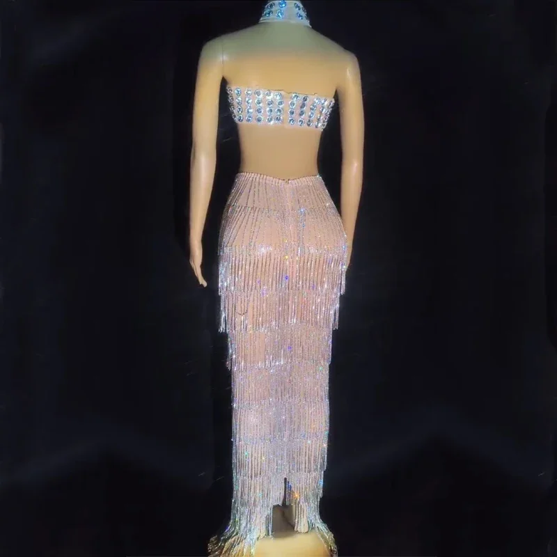 Robe à franges avec strass clignotants, tenue de soirée Sexy découpée pour femmes, Costume de célébration d'anniversaire, tenue de Festival sur scène XS7022