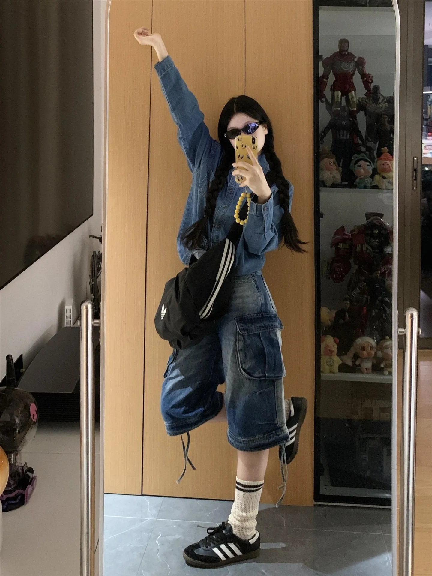 

American Style Vintage Low Waist Sexy Girl Workwear Seven Inch Denim Jeans Women Summer Loose Drapey Multi Pocket mid Length