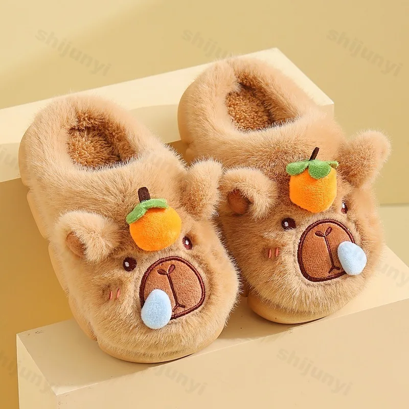 

Capybara Children Slippers Cute Fluffy Cotton Slippers 2025 Winter New Warm Comfortable Indoor Cartoon Plush Floor Home Slippers