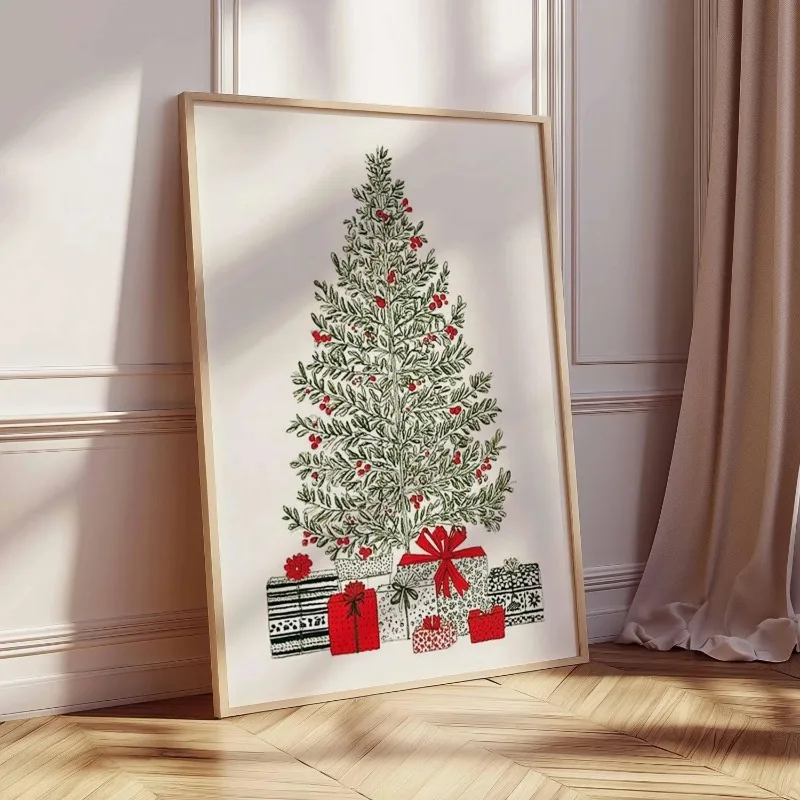 Unframed Canvas Wall Art Simple Christmas Tree with Gift Boxes Print Vintage Xmas Poster for Living Room Bedroom Home Wall Decor